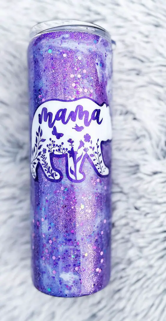 Purple Floral Mama Bear Glitter Tumbler