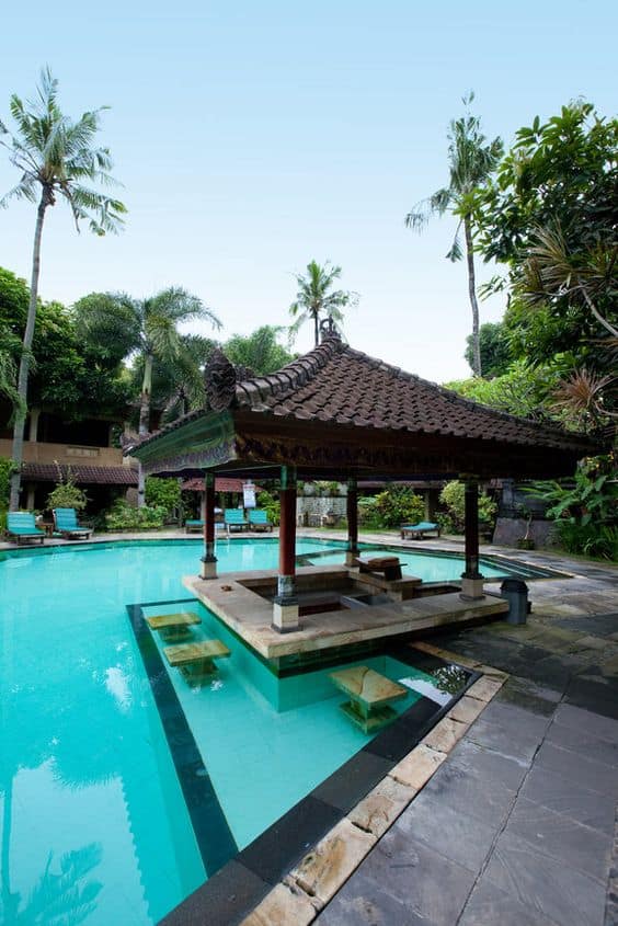 Asian-inspired pool pavilion
