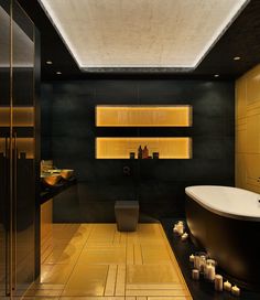 Spacious Elegant Black and Golden Bathroom 