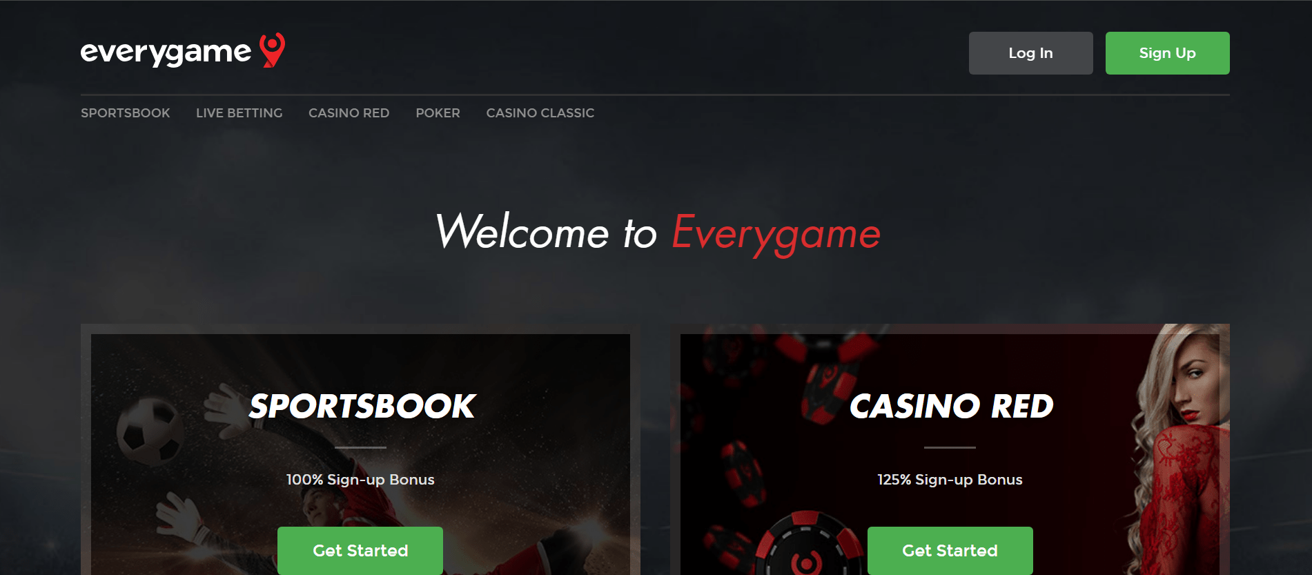 Homepage snapshot of Everygame sportsbook with innovative features