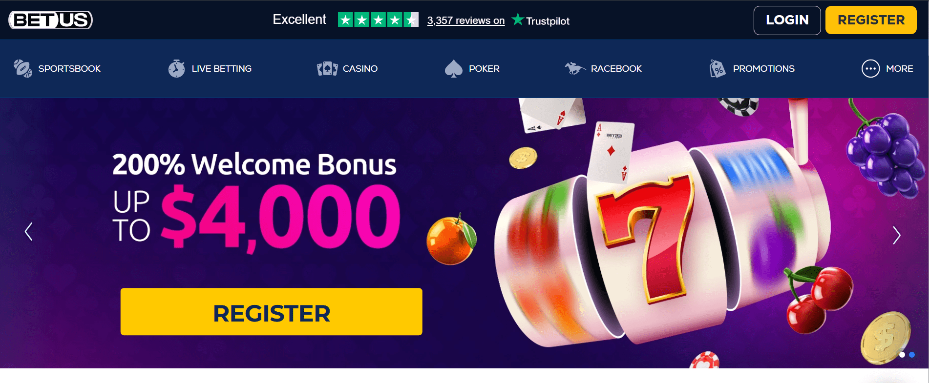 Screenshot of BetUS offshore sportsbook with top bonuses