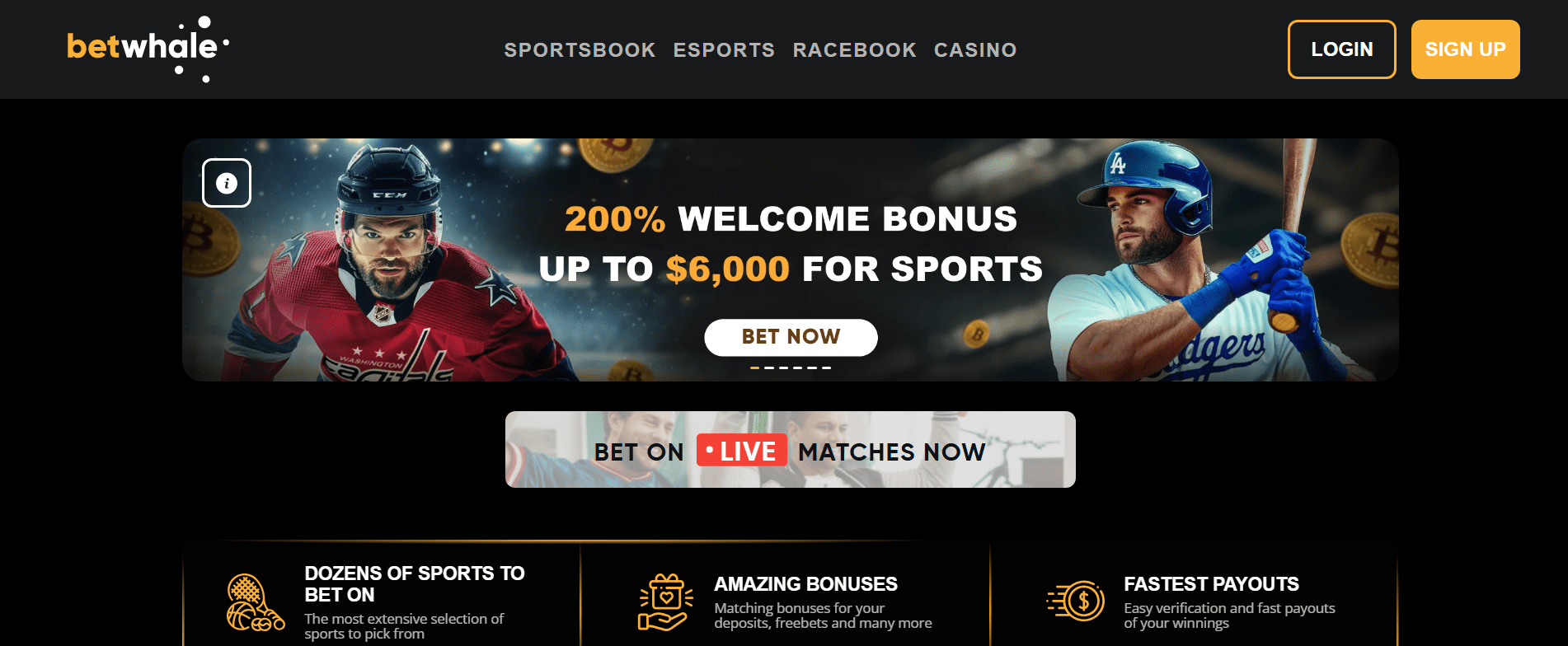 Homepage snapshot of BetWhale online sportsbook with fast payouts