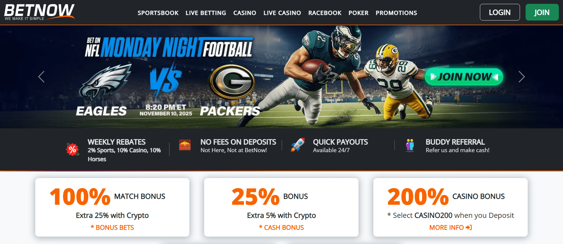 Screen capture of BetNow offshore sportsbook with trusted odds